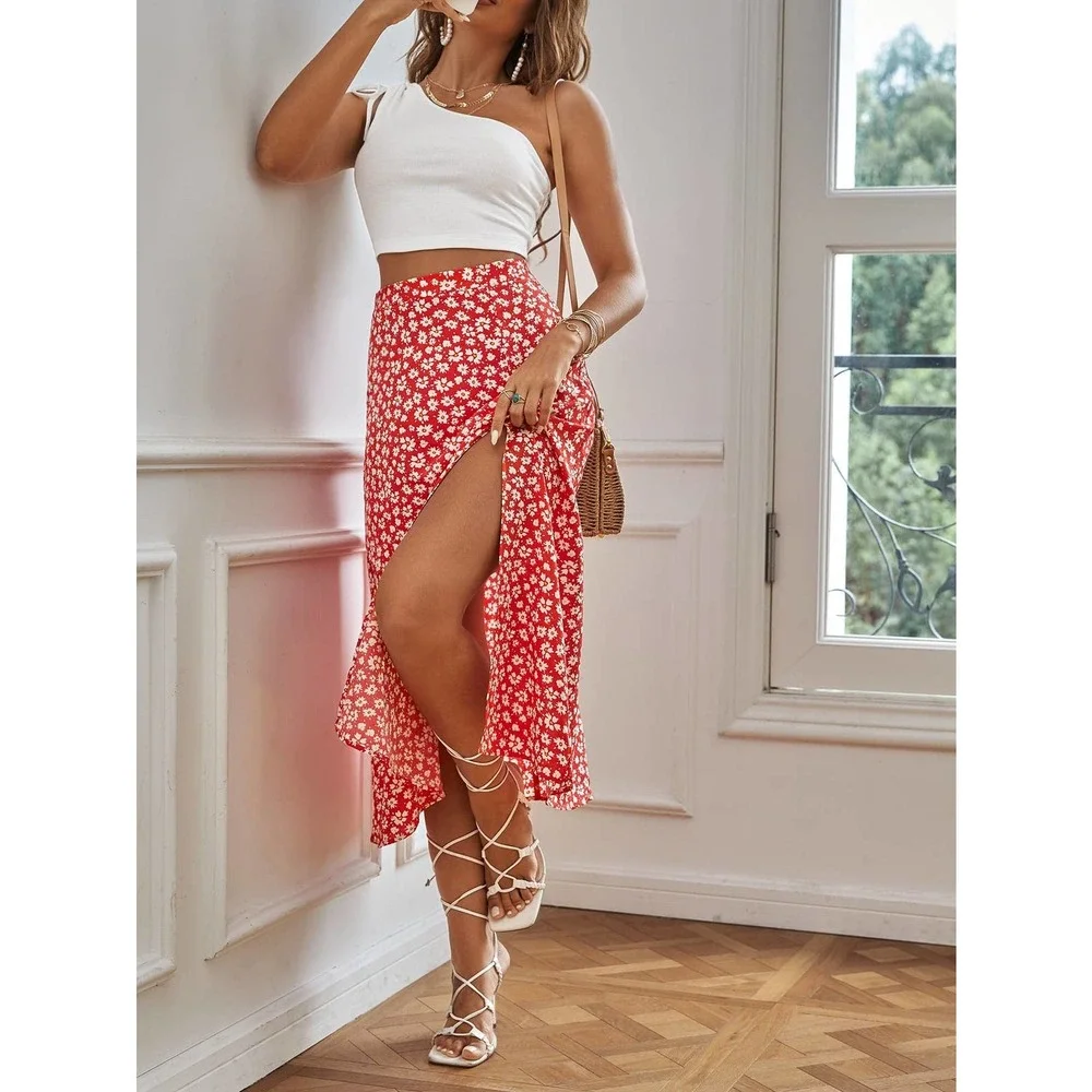 2 piece set: white Tie Shoulder Crop Top & red Floral Split Thigh midi Skirt Set - Picture 1 of 5